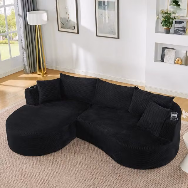 Divano 3 Posti con Chaise Longue e Cuscini ¨C Xylo ¨C Nero, Tessuto a Coste, con Portabicchieri