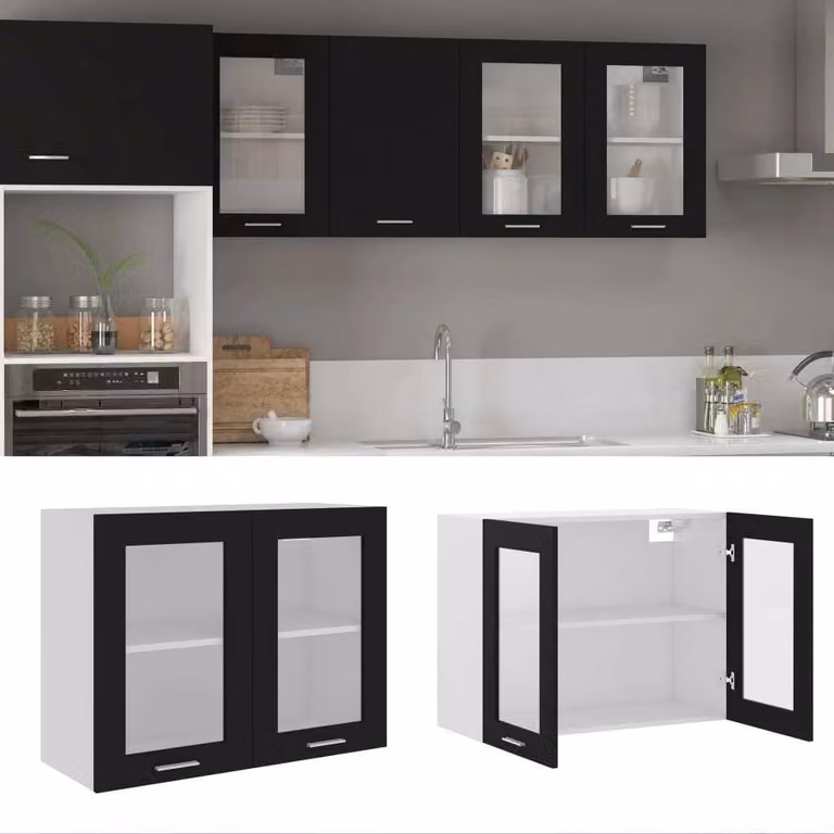 The Living Store Vetrinetta sospesa nera 80x31x60 cm materiale legno