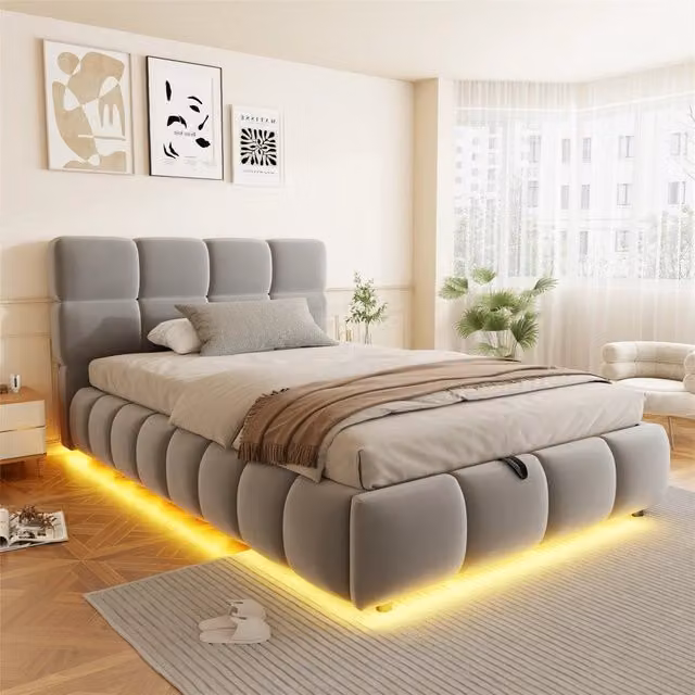 Letto contenitore 90 x 200 cm con LED, letto singolo imbottito in velluto con contenitore idraulico, testiera voluminosa e rete, grigio, stabile