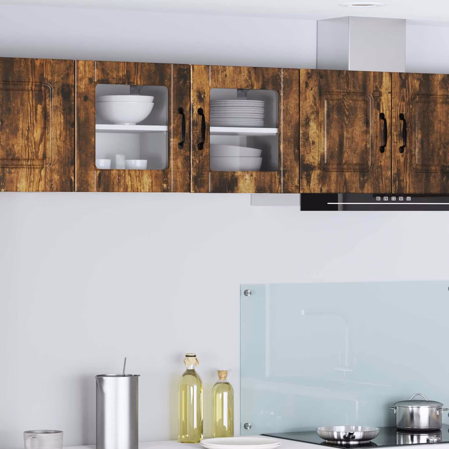 Set di 2 mobili da parete moderni vidaXL PORTO in legno e vetro con ante in vetro, colore Rovere fumé