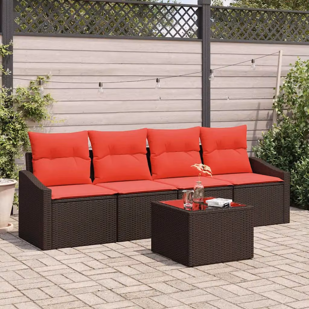 Set di divani da giardino vidaXL in polyrattan con struttura in metallo, 5 pezzi, Marrone e Rosso