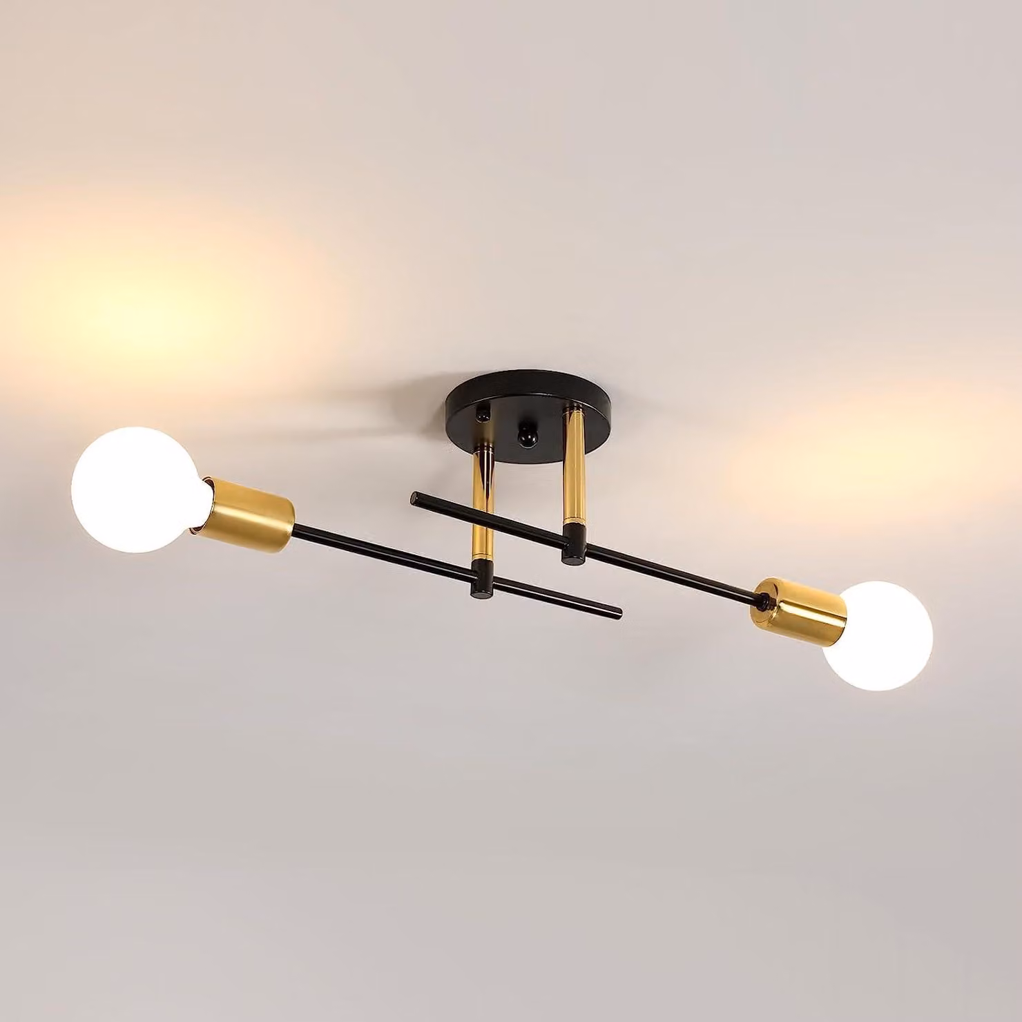 Lampada a soffitto industriale, nera e dorata, con 2 luci, attacco E27. Moderna lampada a sospensione in stile Sputnik, realizzata in metallo, ideale per soggiorno, camera da letto, cucina o corridoio. Marca: COMELY