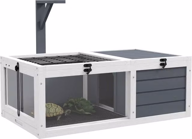 Casa per Tartarughe di Terra 81x48x31,5 cm con 2 Coperchi Apribili e 2 Spazi in Legno di Abete Grigio