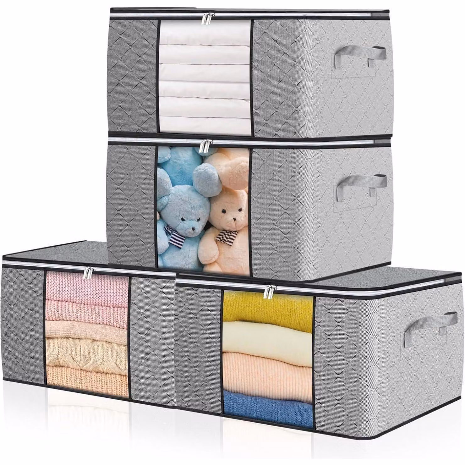 Sacchetti di stoccaggio da 90 litri, colore grigio, confezione da 4, con finestra trasparente e maniglie rinforzate