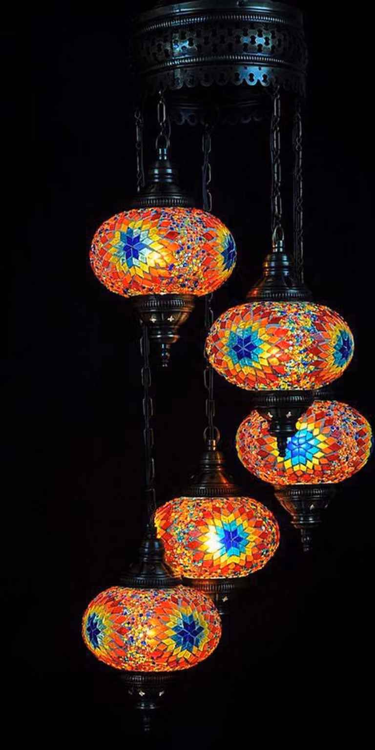 Lampada a sospensione turca - Lampada a mosaico realizzata a mano - Lampada da soffitto marocchina - 5 sfere di vetro colorate - Altezza 110 cm