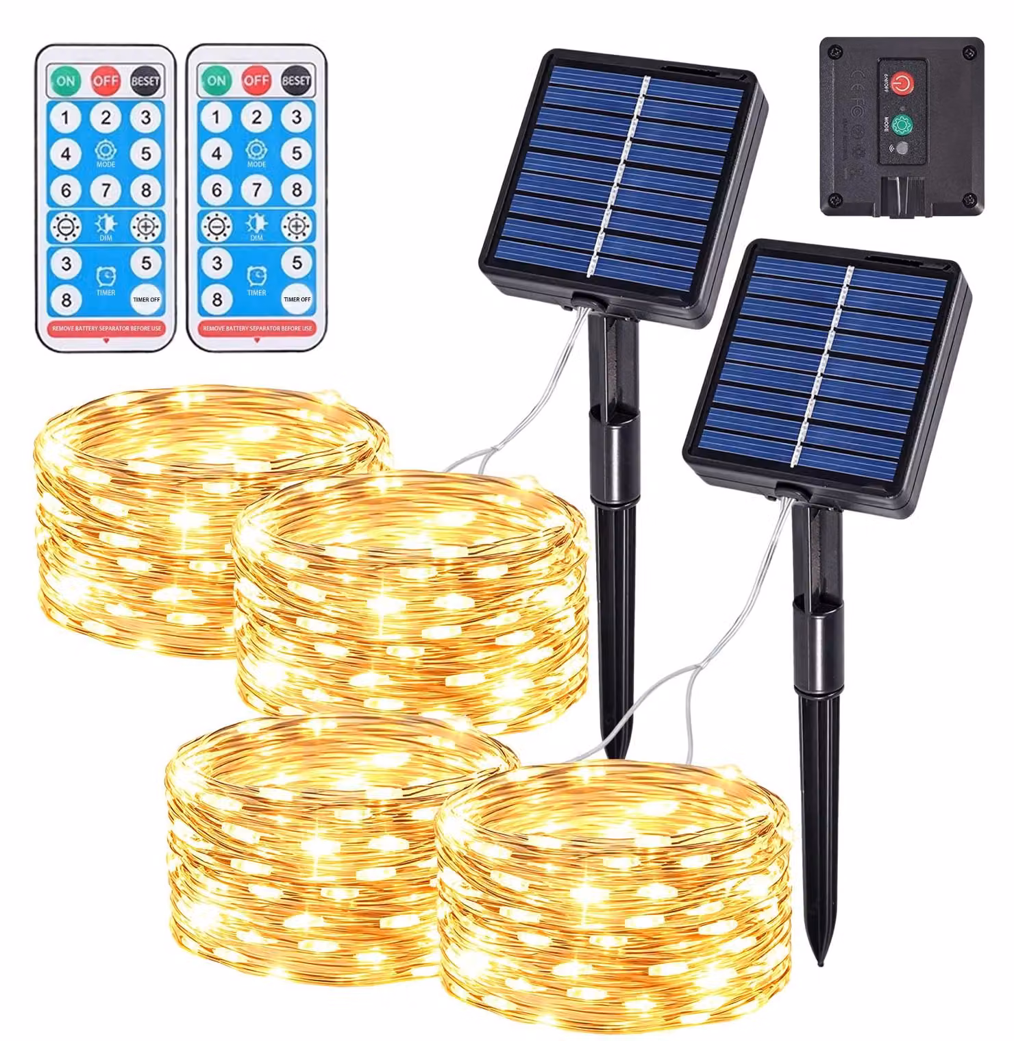 Catena luminosa solare, 10 metri, 100 LED, luce bianco caldo, 8 modalità, grado di protezione IP44