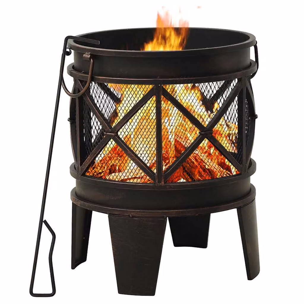 Braciere Rustico vidaXL in Acciaio con Attizzatoio, Colore Nero e Marrone, Diametro: 42 cm, Altezza: 54 cm