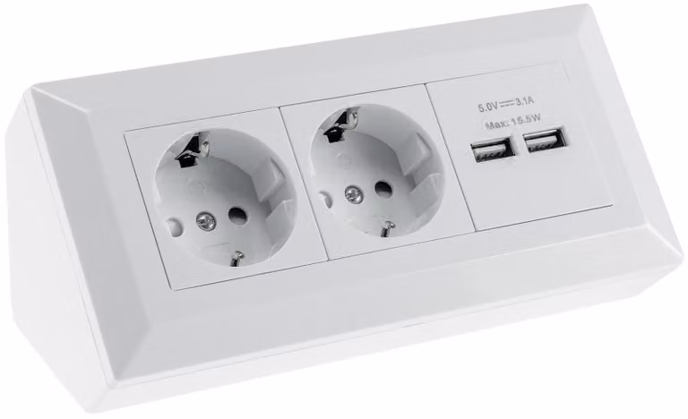 Presa di corrente angolare a blocco, a 2 ganci, USB-A, 3,1A, bianco