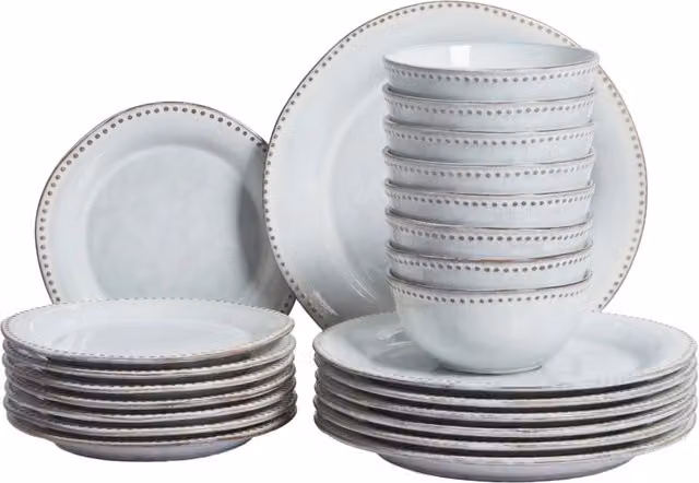 Servizio da cena BELIANI in gres caolino fatto a mano, set di 24 pezzi con smalto reattivo blu chiaro a pois, adatto a lavastoviglie e microonde