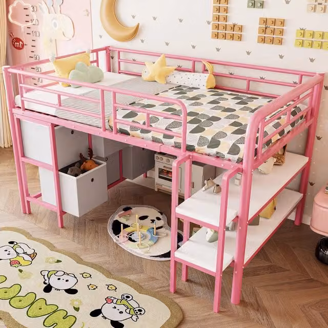 Letto a soppalco OKWISH per bambini in metallo e MDF rosa con scala, ripiani e scomparti laterali L/P/H: 207 x 90 x 150 cm