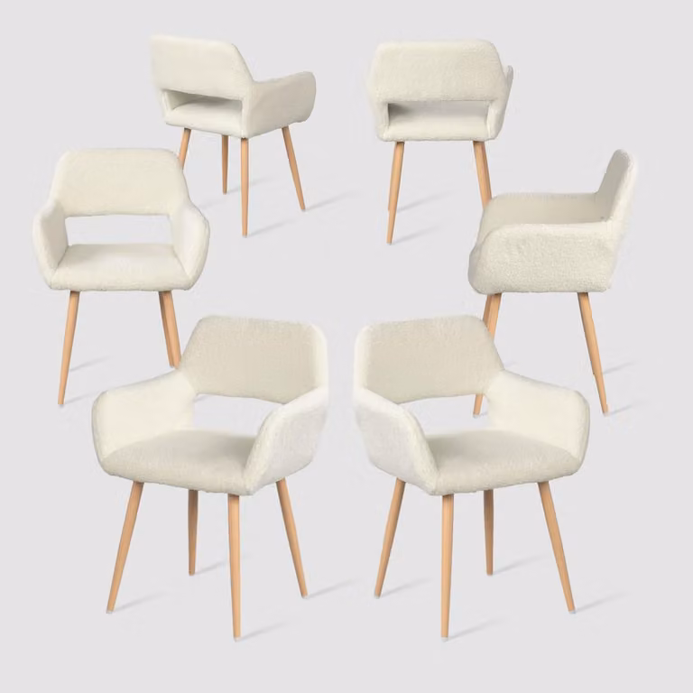 Set di 6 sedie da pranzo, rivestite in tessuto bouclé bianco, con gambe in metallo, dimensioni 46x44x78 cm
