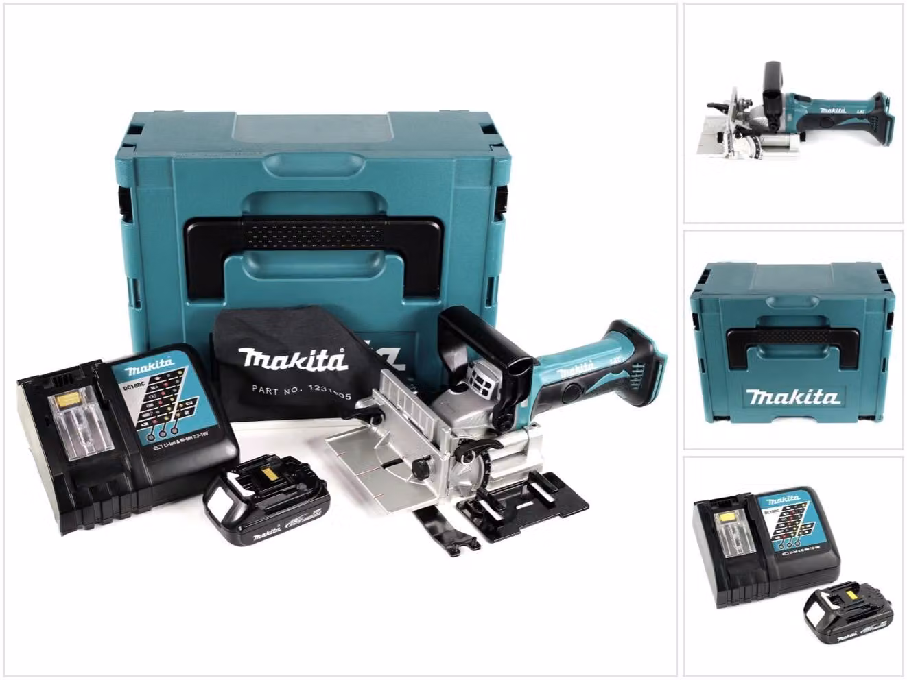 Makita DPJ 180 RY1J 18 V Li-Ion Fresatrice a batteria per biscotti in Makpac + 1 batteria da 1,5 Ah + caricatore