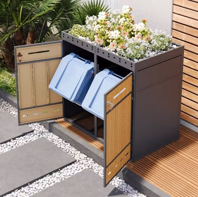 Copri bidoni 132x80x124 cm in acciaio grigio con fioriera per terrazza -