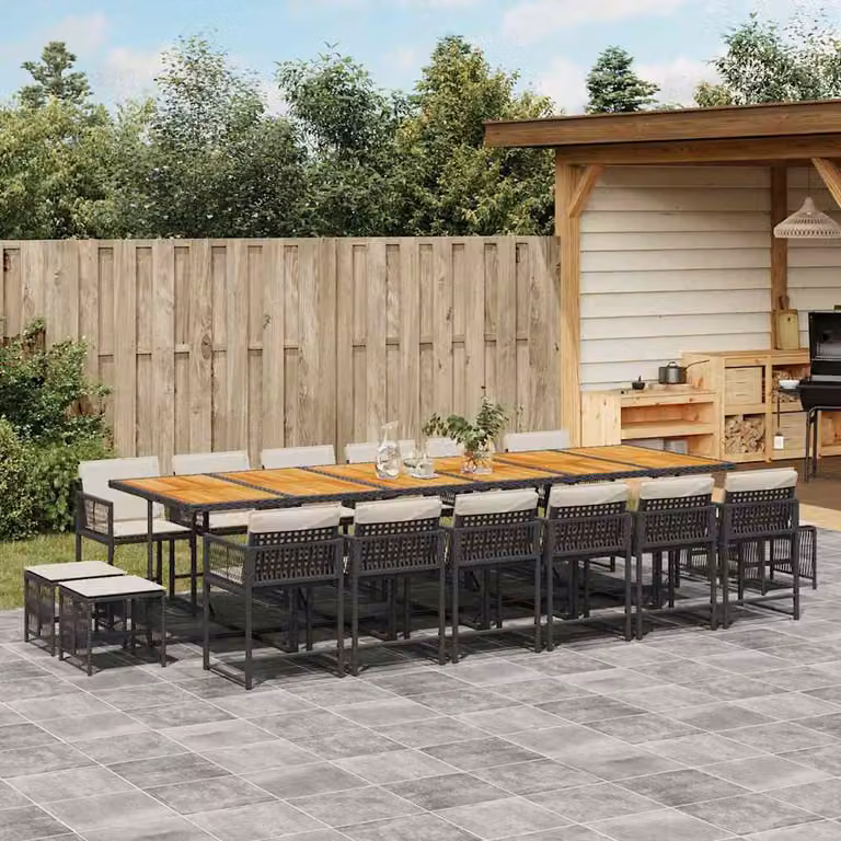 Set da pranzo da giardino vidaXL in polyrattan nero con cuscini e dettagli in legno di acacia, 17 pezzi