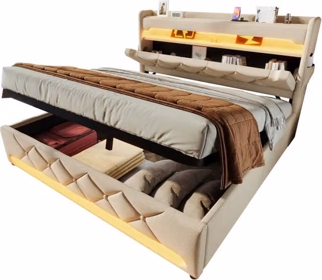 Letto Matrimoniale Imbottito 140x200 cm con Testiera Contenitore, Ricarica USB e Porta Tipo C, Illuminazione LED 360° Beige in Lino