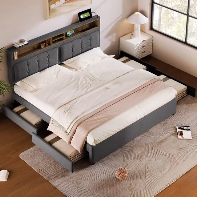 Letto matrimoniale OKWISH moderno in tessuto grigio con 4 cassetti, testiera regolabile, porta USB e mensola integrata, L/P/H: 140 x 200 x 45 cm
