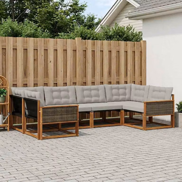 Set di divani da esterno vidaXL 6 pz in legno di acacia con cuscini, composizione a L, colori beige e grigio
