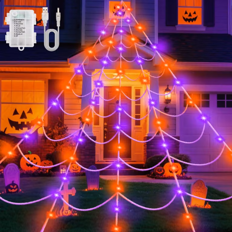 Catena luminosa a forma di ragnatela per Halloween, 6x5 metri, 150 LED, 8 modalità, color lilla/arancione
