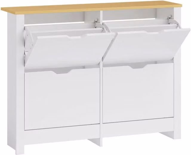 Armadio scarpe stretto con 4 scomparti a ribalta, capacità fino a 16 paia, 105x26x80 cm, bianco e naturale