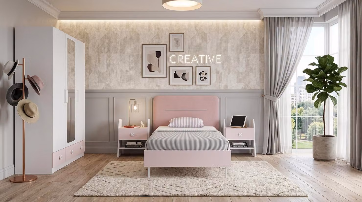 Camera da letto moderna per adolescenti, in bianco e rosa, con letto, armadio, comodini, adatta a una ragazza