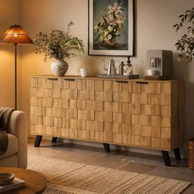 Madia Mivray moderna con 4 ante e ripiani regolabili in legno color marrone L: 160.5 cm, P: 35.5 cm, H: 78 cm – 1