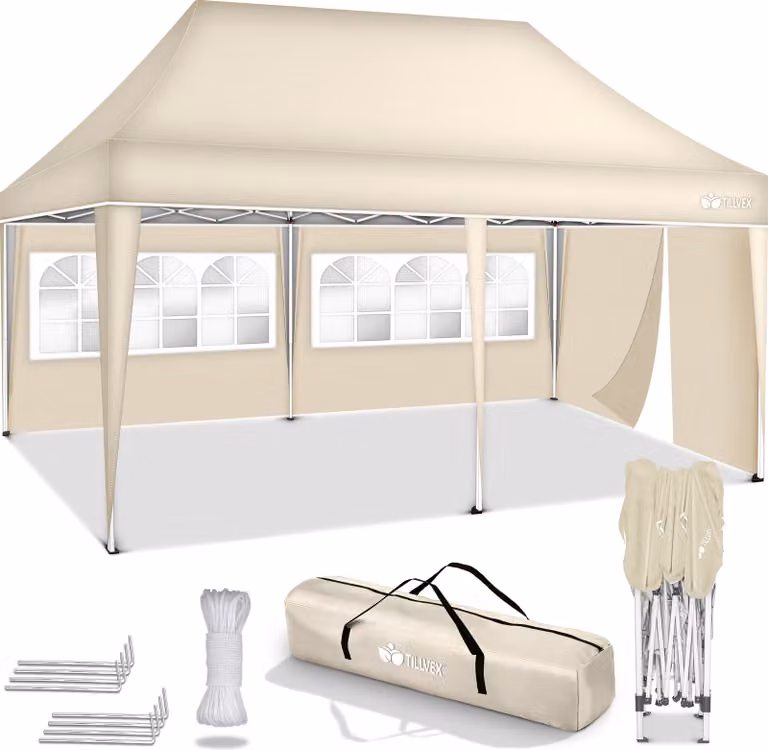 tillvex gazebo 3x6m - con 3 pareti laterali Beige impermeabile | gazebo pieghevole pop-up regolabile in altezza | tenda da giardino protezione UV 50+ | tenda da festa con borsa per giardino