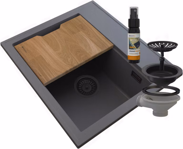 Granitan - Lavello in granito - Lavello da cucina - 56x50 cm - Grigio - con sifone e tagliere - Lavello - FOXAL