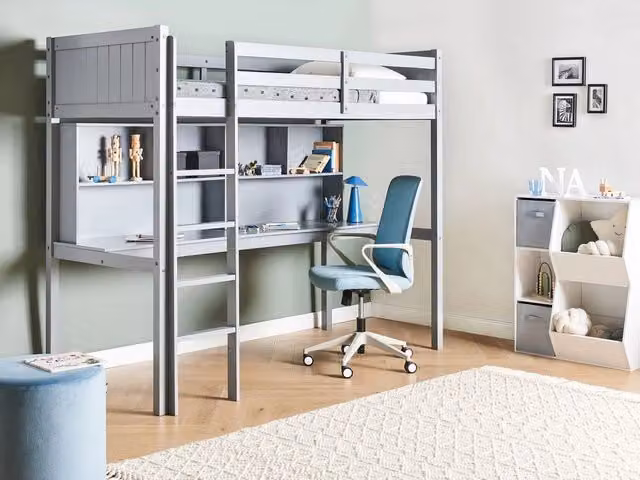 Letto alto per bambini Struttura in legno di pino grigio con scrivania e letto a soppalco Camera dei bambini e multifunzionale