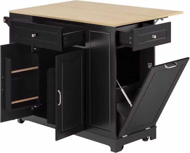 Carrello da cucina mobile moderno con cassetti e vano aperto, dotato di prese AC, USB e USB-C, disponibile in nero o marrone, L: 131.8 cm, P: 40-70 cm, H: 93.3 cm – 1