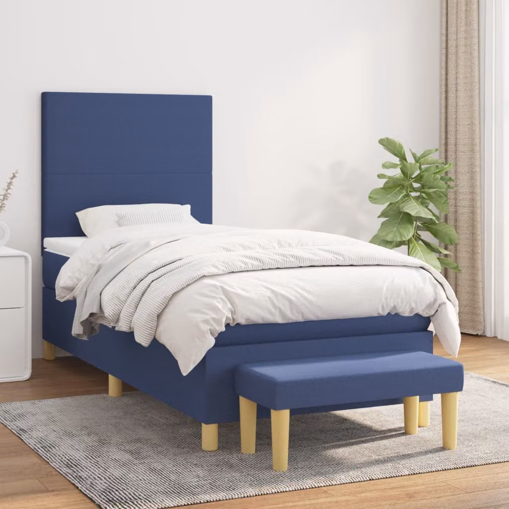 vidaXL Letto Ibrido con Giroletto a Molle e Materasso in Tessuto Blu e Bianco, L/P/H: 100 x 200 x 128 cm – 1