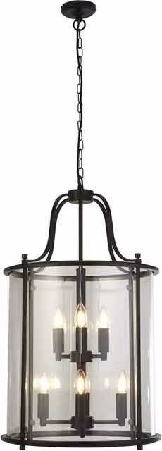 Lampadario Industrial Lantern Acciaio Nero Vetro Trasparente 8 Luci E14