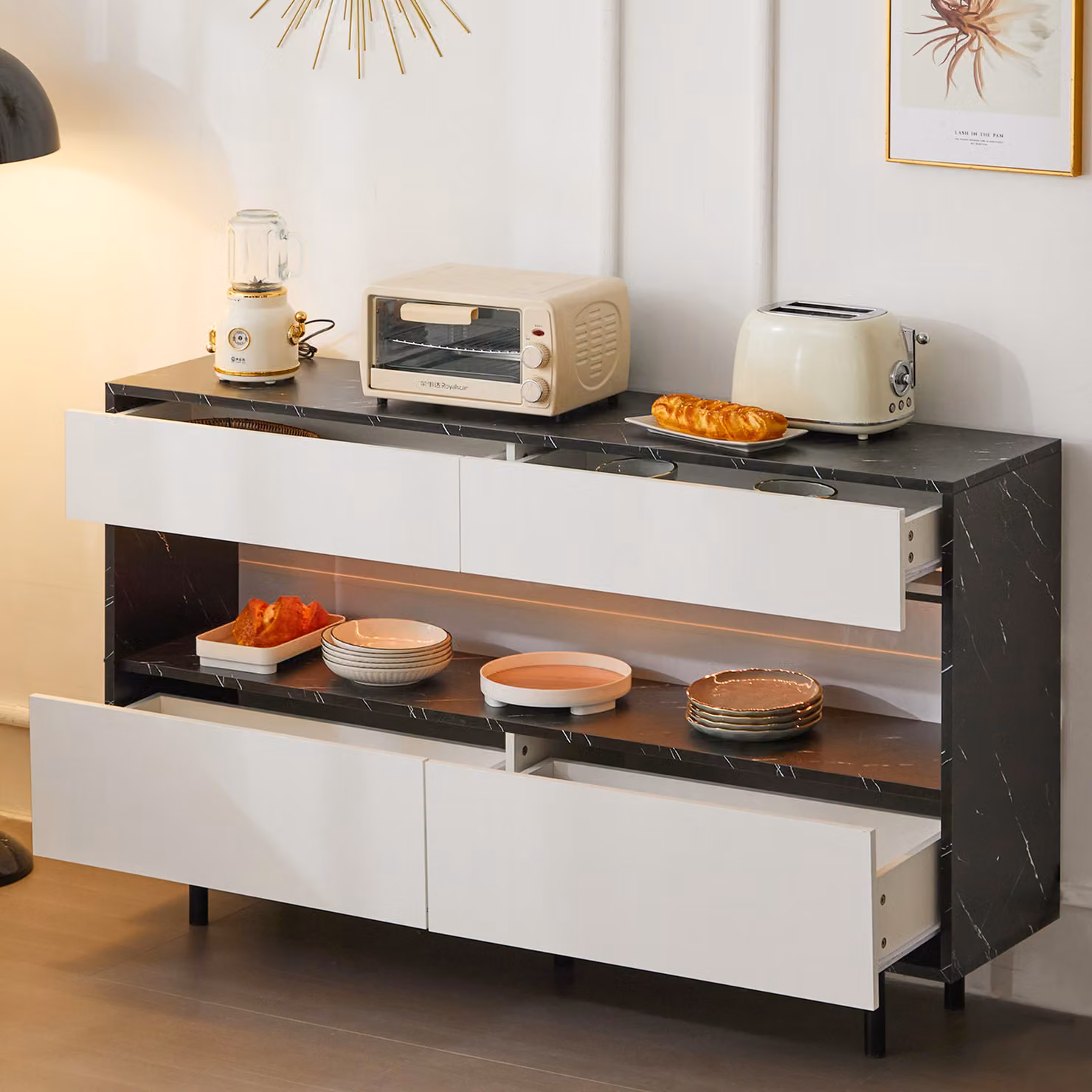 Cassettiera AIORBER, con 4 cassetti, illuminazione a LED, ampio spazio di archiviazione, design in marmo, protezione antiribaltamento, adatta per cucina, soggiorno, 150x35x89,5 cm, bianco