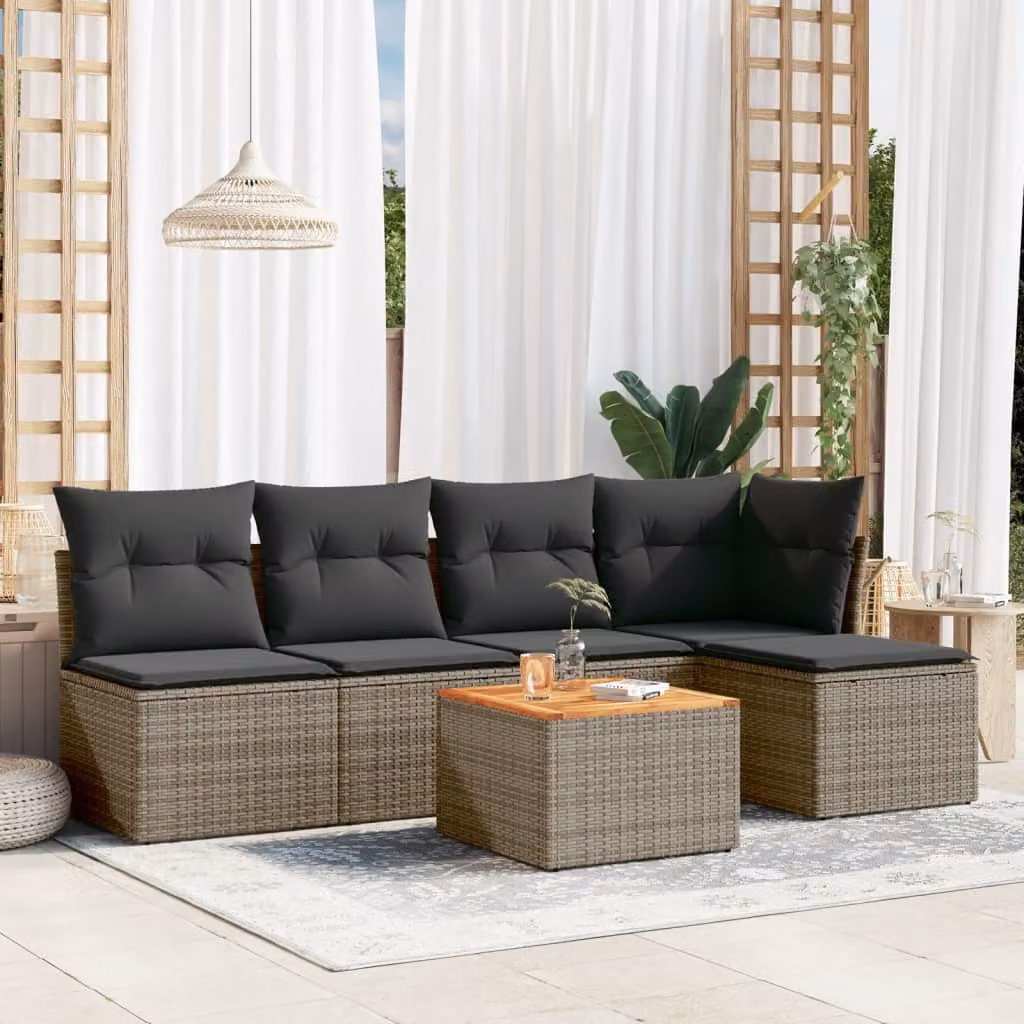 vidaXL Set Divano da Giardino 6 pz a L in Polyrattan Grigio con Cuscini e Tavolino – 1