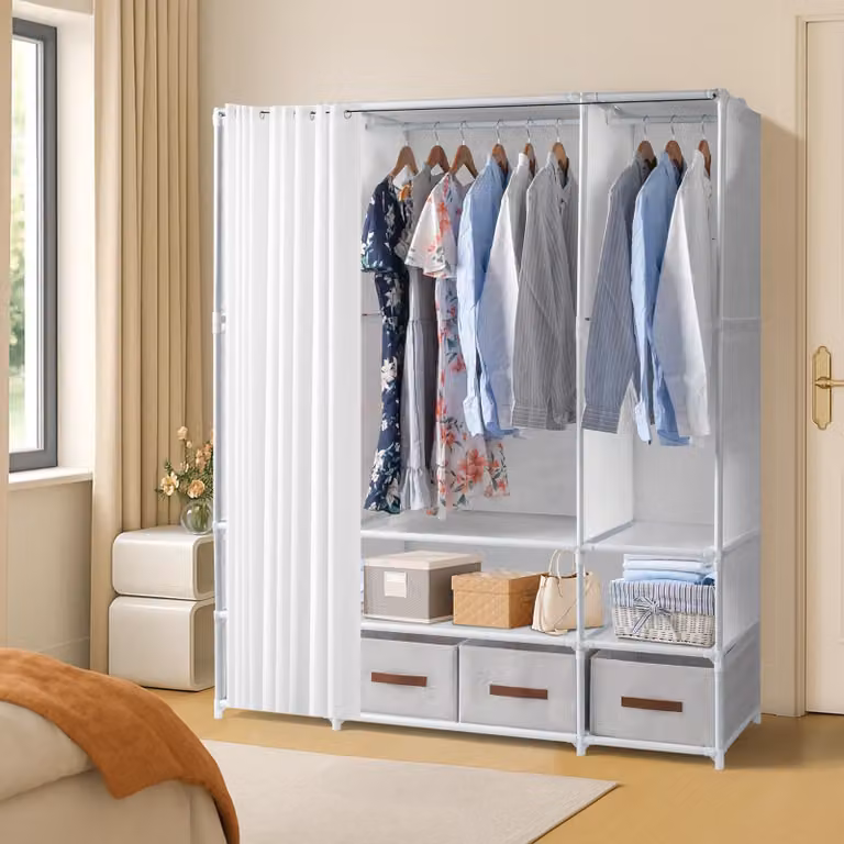 Armadio ALIGHTUP, armadio portatile con asta appendiabiti, contenitore, tenda, 144 x 45 x 166,5 cm, bianco