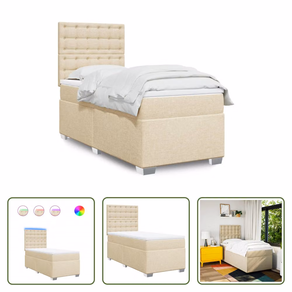 The Living Store Letto a molle con materasso crema 100x200 cm in tessuto