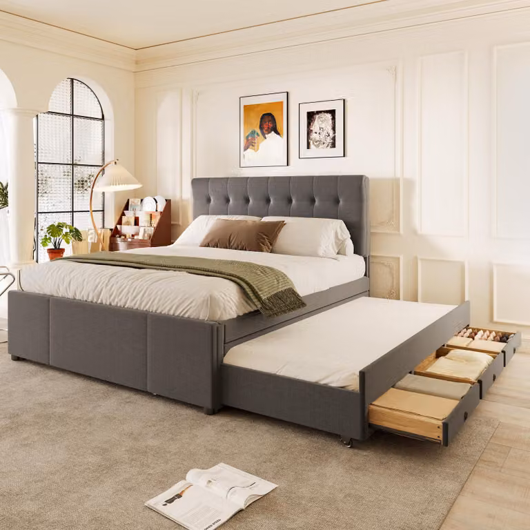 STILVORA Letto imbottito 140x200, letto per ragazzi con 3 cassetti, letto matrimoniale con letto a castello estraibile e poggiatesta regolabile, con 3 cassetti multifunzione, colore grigio (senza materasso)