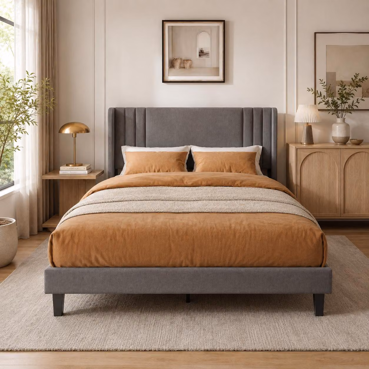 Letto imbottito INONEFT, 160x200 cm, matrimoniale, con spazio contenitore sotto il letto, struttura letto per ragazzi con testiera e rete a doghe, senza materasso, colore grigio lino