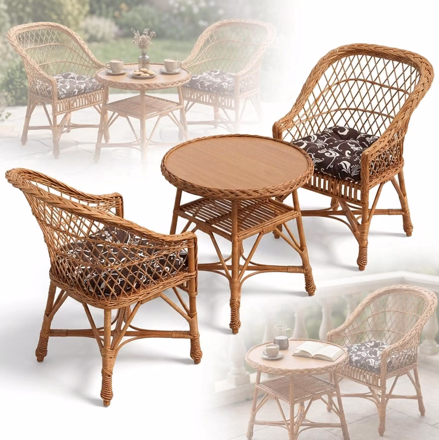 SET DI MOBILI IN VIMINI: 2 poltrone e un tavolino rotondo in stile boho naturale per il terrazzo