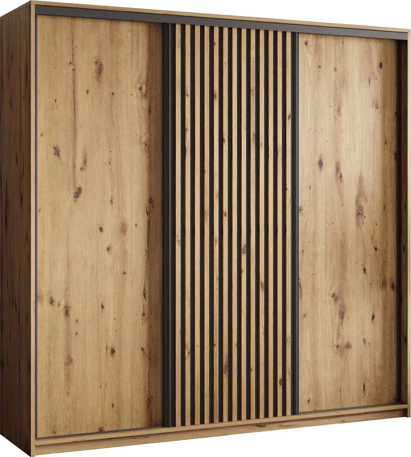 Armadio scorrevole Masseno VONTE 180/205/60 cm Armadio con lamelle e cassetti Armadio per camera da letto a 3 ante Rovere Artisan + Nero