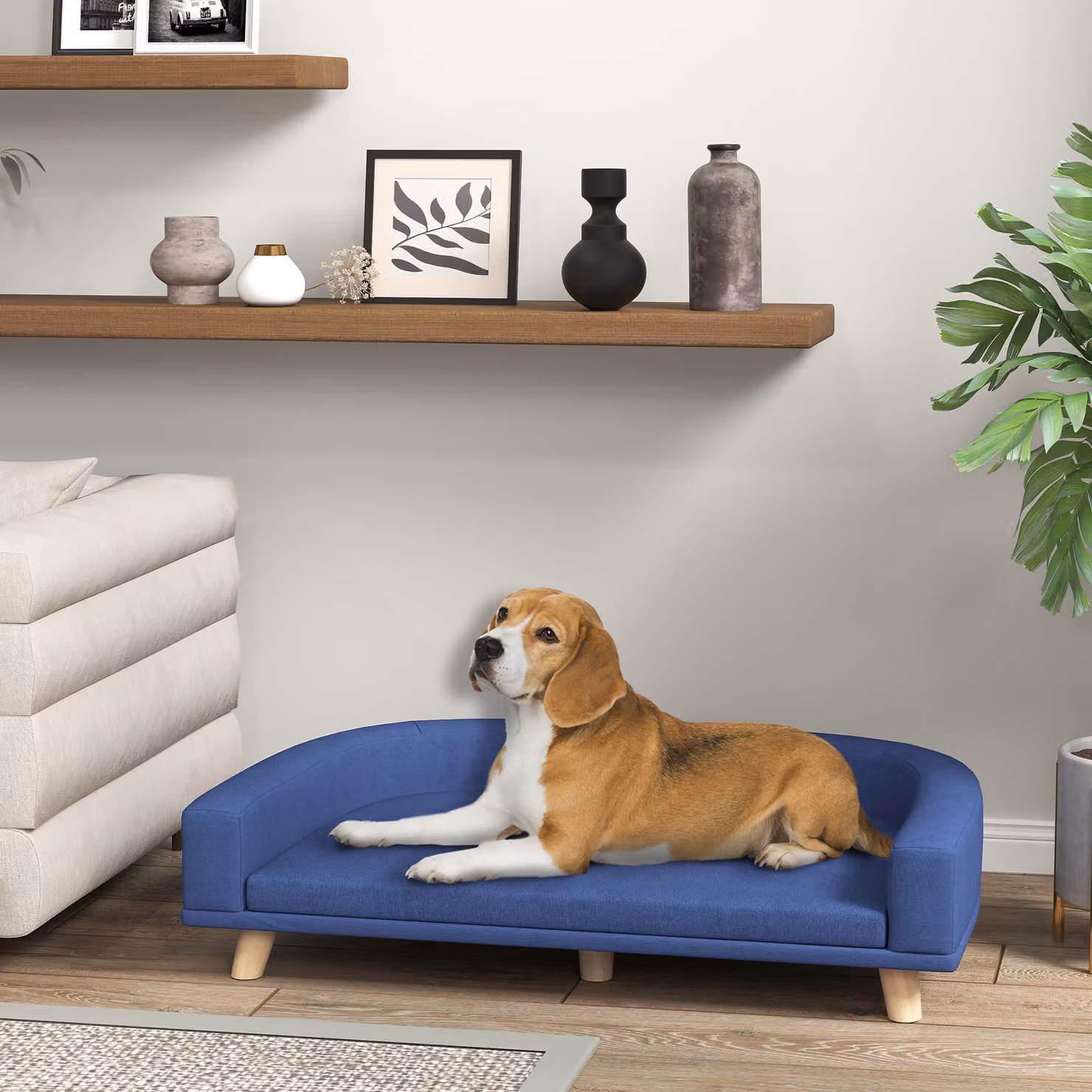 Divano per cani grande PawHut in legno e tessuto blu con cuscino lavabile L: 98 cm, P: 67 cm, H: 25 cm – 2