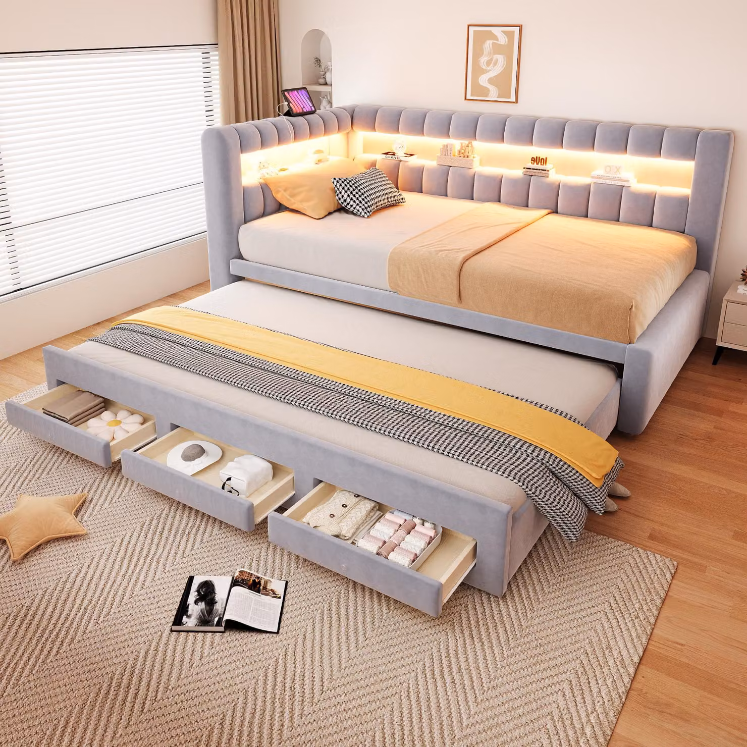 Divano letto Flieks 90x190 cm con letto estraibile, divano giorno con cassetti, letto imbottito per ragazzi con USB e porta Type C, divano letto in pelle, velluto, grigio chiaro