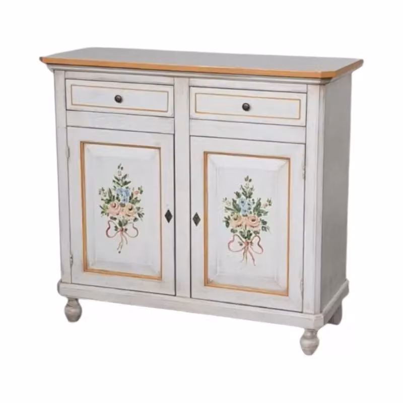 Credenza shabby chic in legno con 2 porte e decori floreali Mobili 2G bianco anticato con dettagli arancioni L: 105 cm, P: 45 cm, H: 98 cm – 1