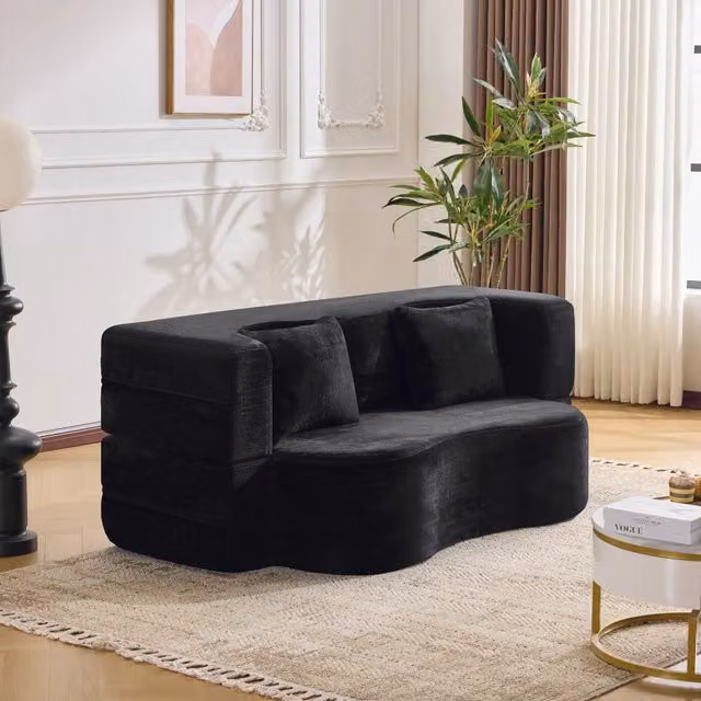 Divano letto pieghevole futon in schiuma con 2 cuscini e rivestimento in peluche corto nero 34 × 34 × 124 cm