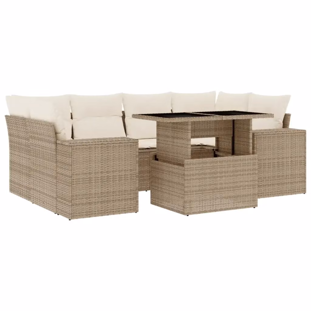 vidaXL Set Divani da Giardino a L 7 pz con Cuscini Beige e Tavolino in Vetro – 2