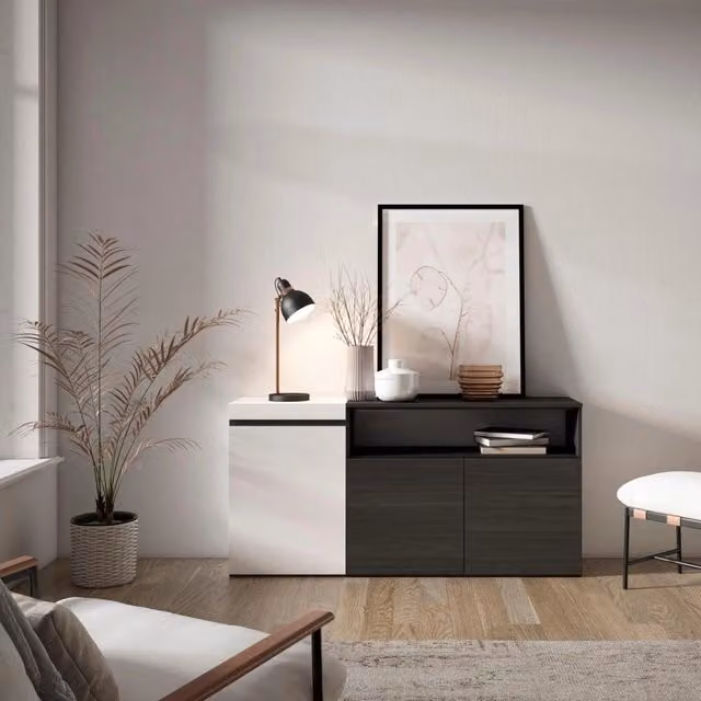 Credenza, Mobile, 150x35x75cm, 3 Porte, grande stoccaggio, Bianco e nero RF2504