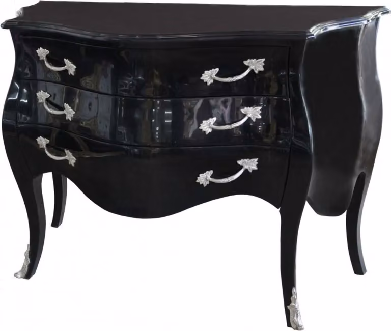 Casa Padrino Cassettone barocco nero lucido 122 cm con applicazioni in metallo argentato - Stile antico