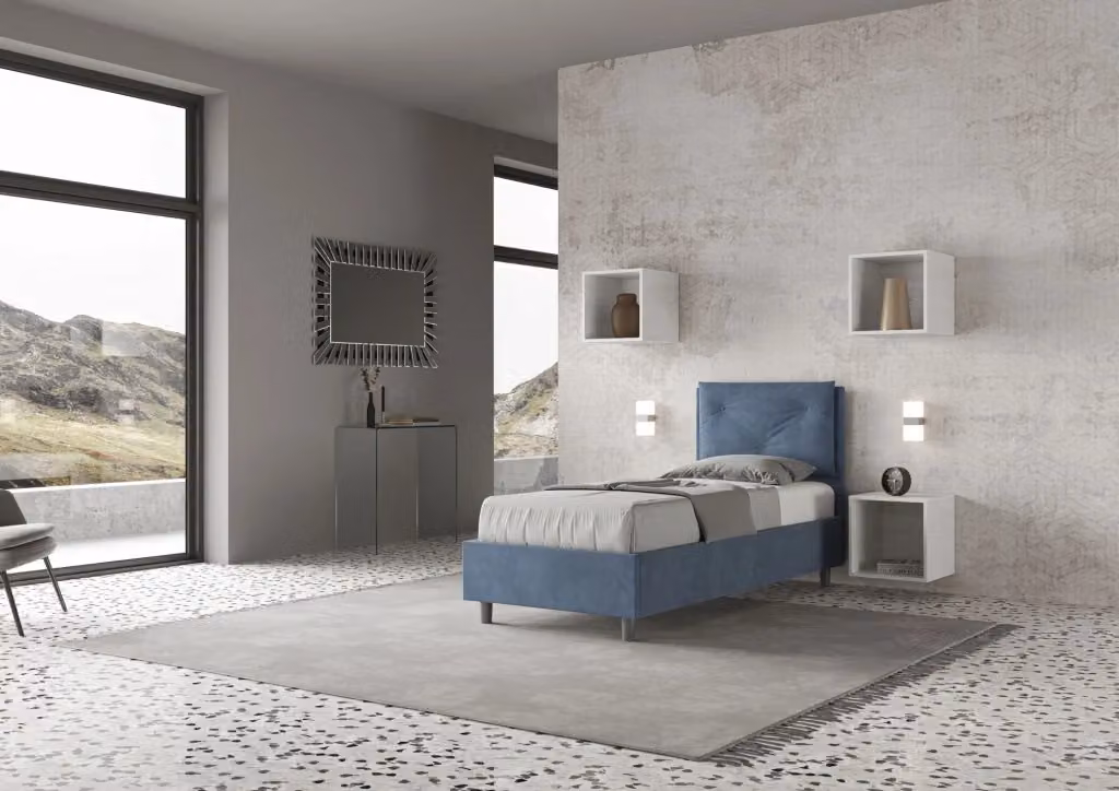 Letto singolo contenitore imbottito BS COM in microfibra blu L/P: 90 x 200 cm – 2