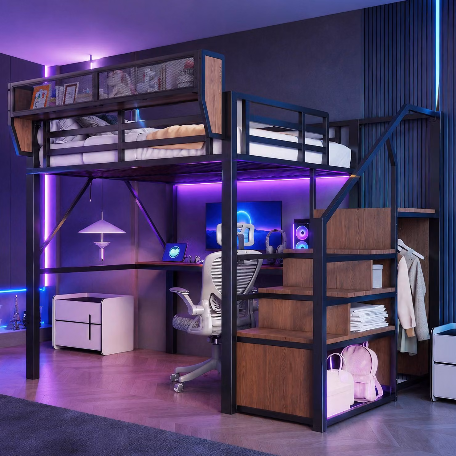 Letto a castello 140 x 200 cm con scrivania da 2 metri, barra luminosa LED, presa di corrente, scala di sicurezza e scaffale modulare, realizzato in metallo e MDF