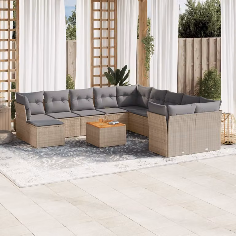 vidaXL Set Divani da Giardino 12 pz a Forma a U in Polyrattan con Cuscini Beige e Tavolino da Esterno