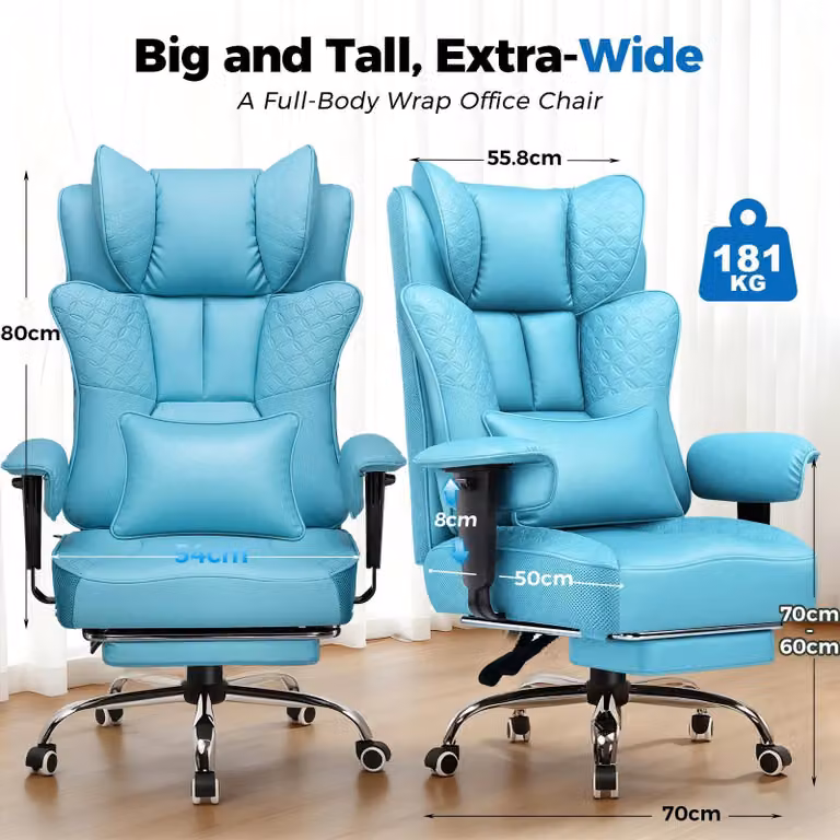 Sedia da gaming, sedia da ufficio - Sedia ergonomica con poggiapiedi - Schienale regolabile fino a 150° - Regolabile in altezza e girevole con rotelle - Rivestita in ecopelle - Colore: azzurro cielo